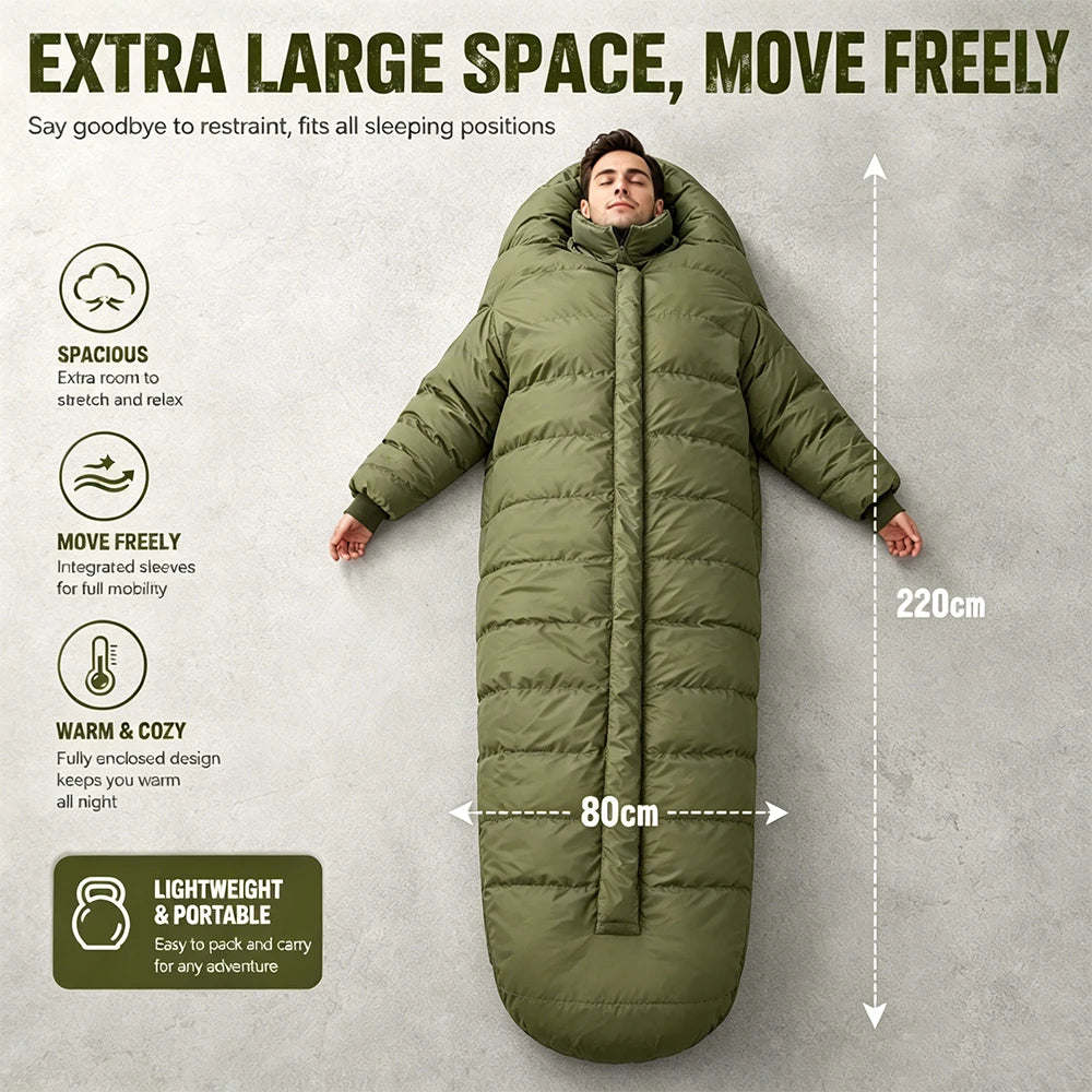 Wearable Hybrid Mummy Sleeping Bag with Arms