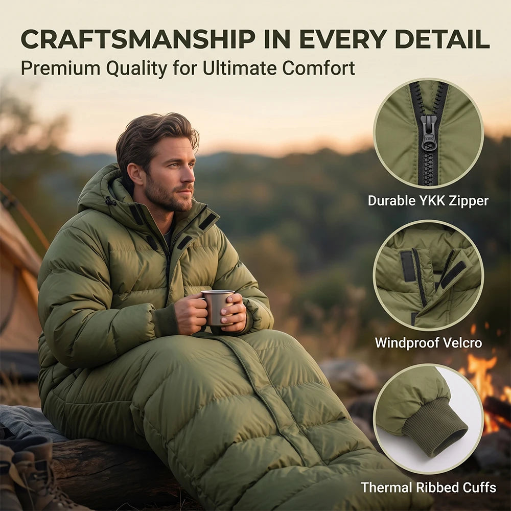 Wearable Hybrid Mummy Sleeping Bag with Arms