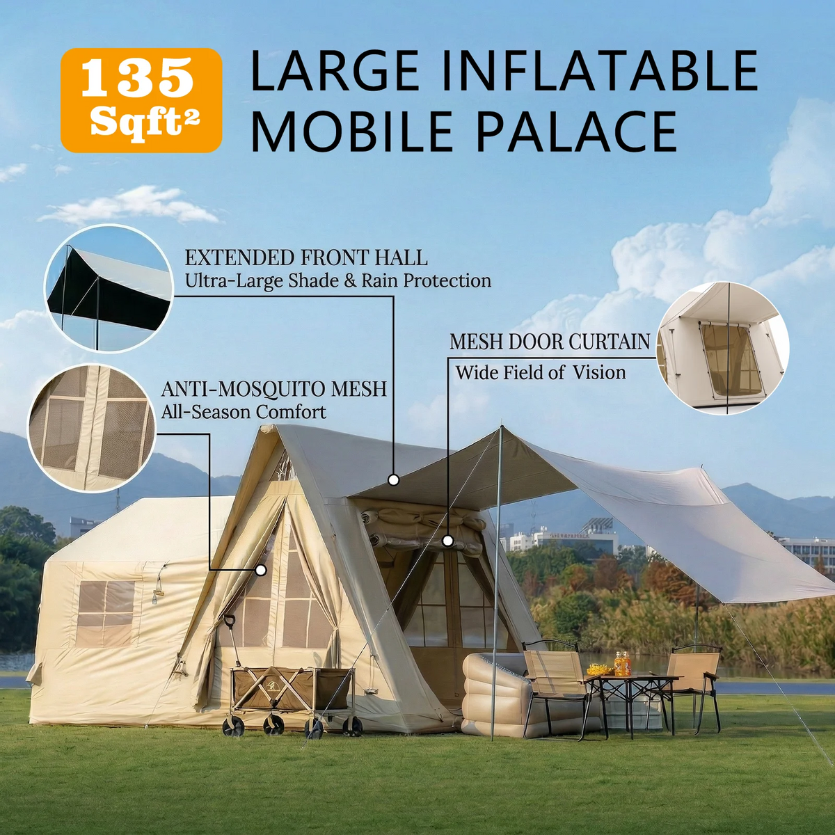 8-10 Person Inflatable Camping Tent 135 sq ft Light Yellow