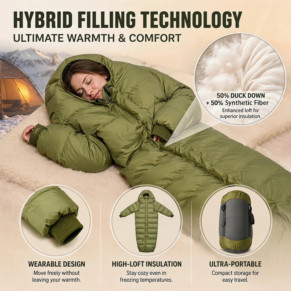 Wearable Hybrid Mummy Sleeping Bag with Arms