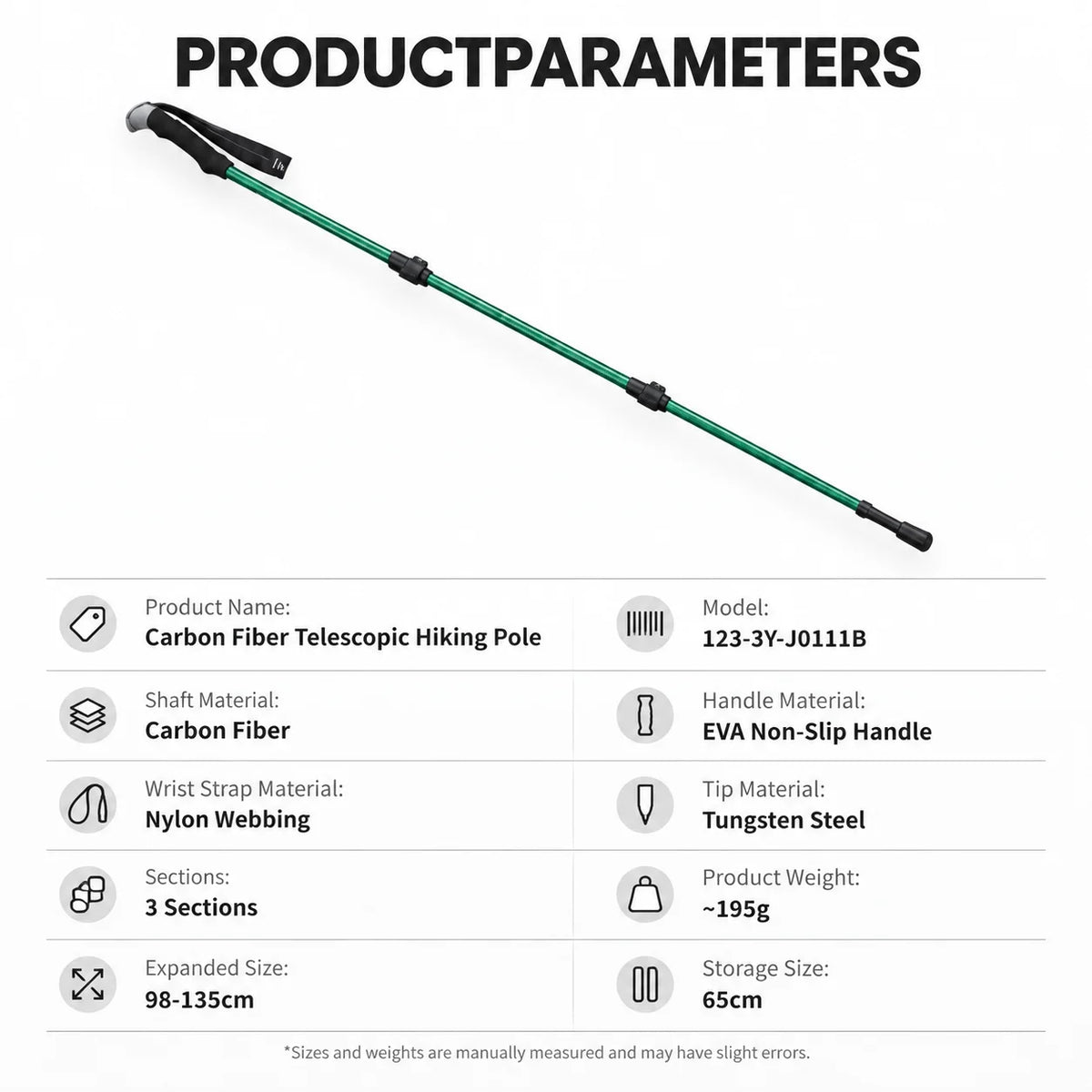 Carbon Fiber Telescopic Trekking Pole 3 Section Adjustable Hiking Stick