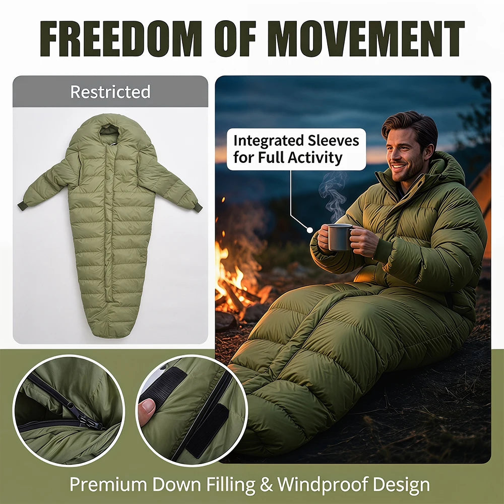 Wearable Hybrid Mummy Sleeping Bag with Arms