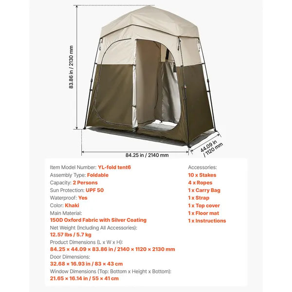 VEVOR 2-Room Foldable Camping Shower Tent Portable Privacy Changing Room