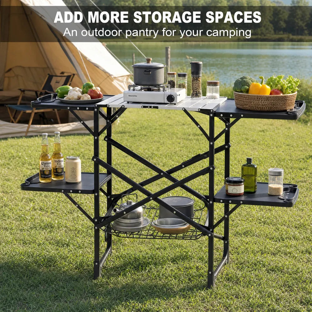 Portable Folding Camping Kitchen Table With Storage Rack Black