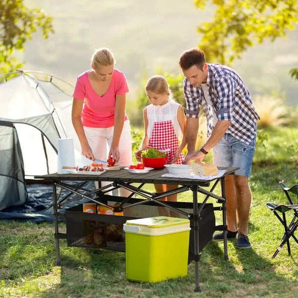 Portable Folding Aluminum Roll-Up Camping Table with Storage Basket Black