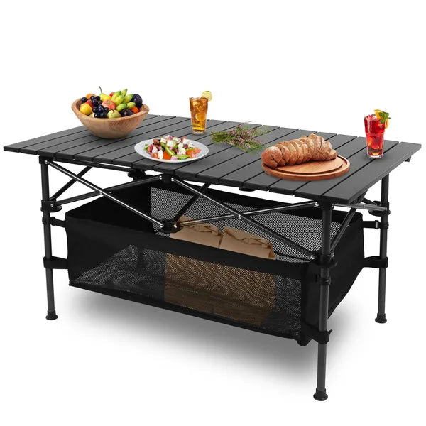 Portable Folding Aluminum Roll-Up Camping Table with Storage Basket Black