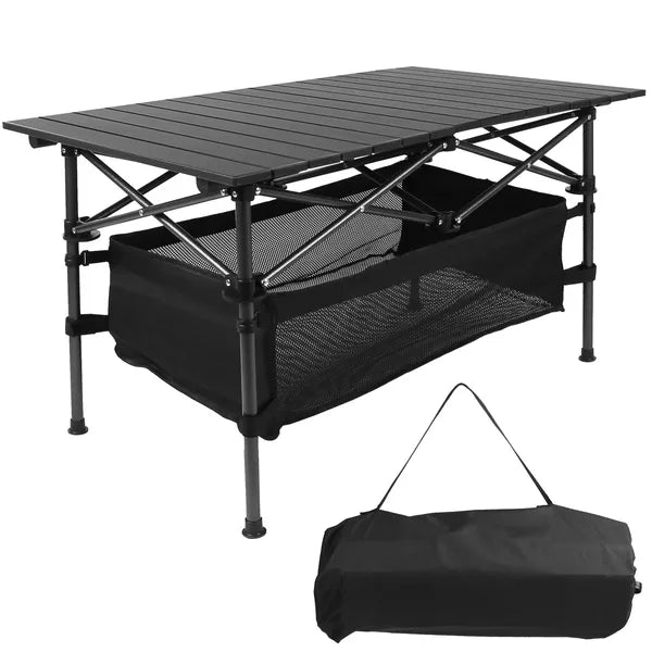 Portable Folding Aluminum Roll-Up Camping Table with Storage Basket Black