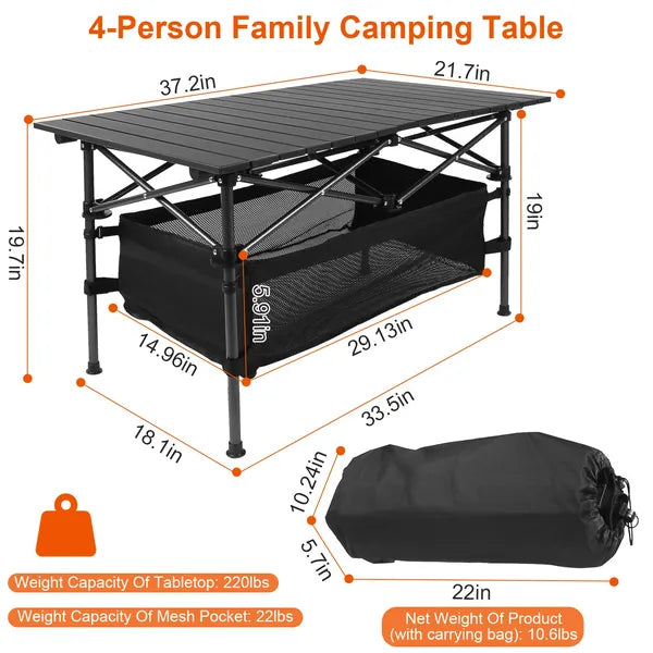 Portable Folding Aluminum Roll-Up Camping Table with Storage Basket Black