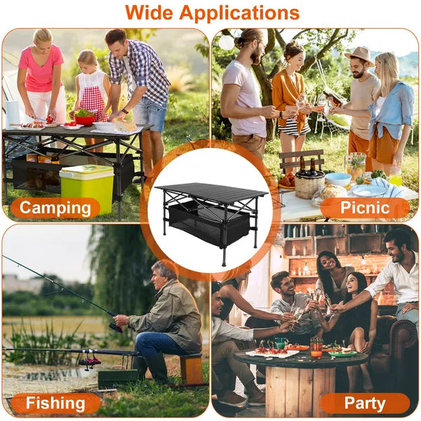 Portable Folding Aluminum Roll-Up Camping Table with Storage Basket Black