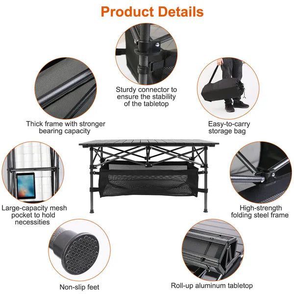 Portable Folding Aluminum Roll-Up Camping Table with Storage Basket Black
