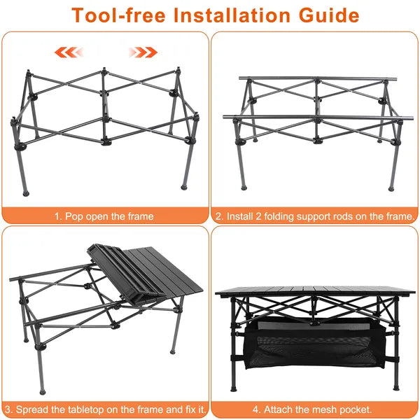 Portable Folding Aluminum Roll-Up Camping Table with Storage Basket Black