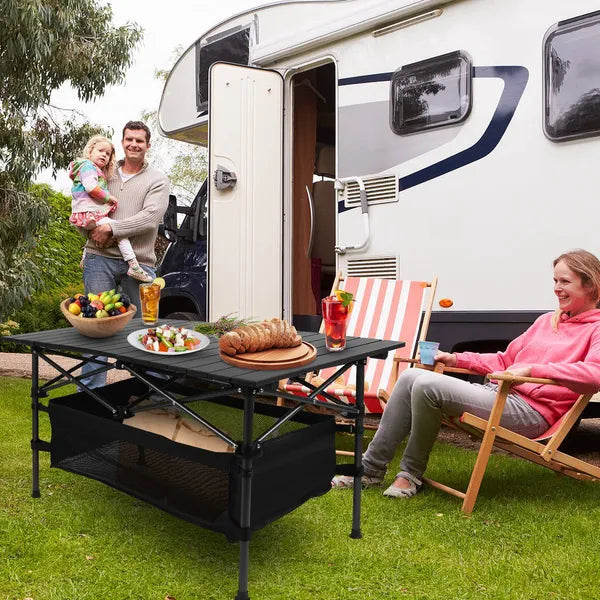 Portable Folding Aluminum Roll-Up Camping Table with Storage Basket Black