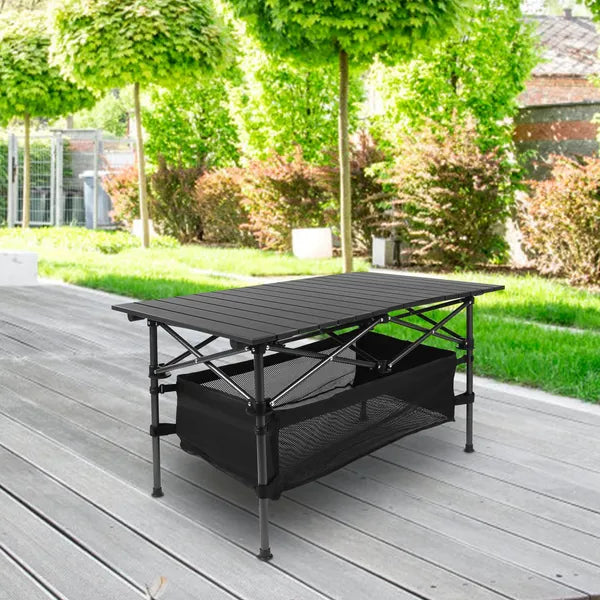Portable Folding Aluminum Roll-Up Camping Table with Storage Basket Black