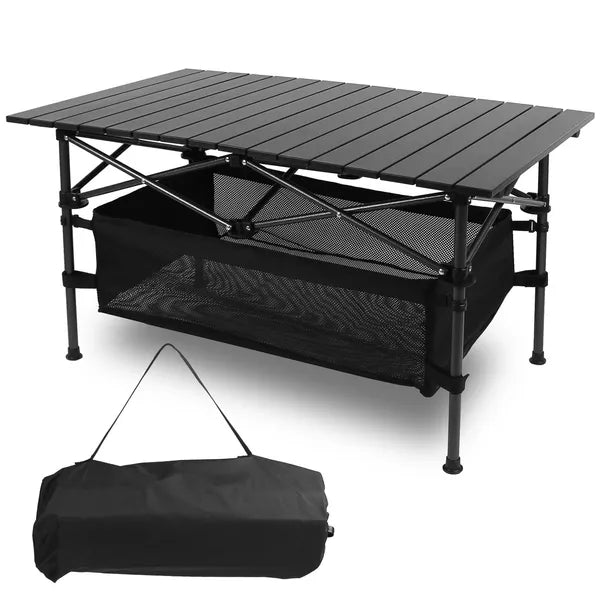 Portable Folding Aluminum Roll-Up Camping Table with Storage Basket Black