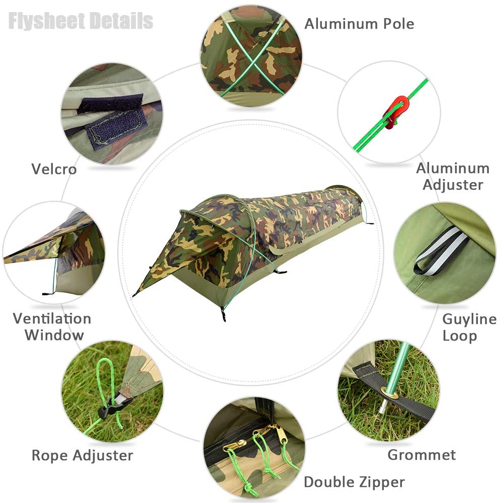 GeerTop Tent Bivy II | 1 Person 3 Season Ultralight Backpacking Tent (Camo & Arm Green)
