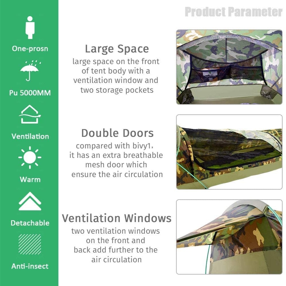 GeerTop Tent Bivy II | 1 Person 3 Season Ultralight Backpacking Tent (Camo & Arm Green)