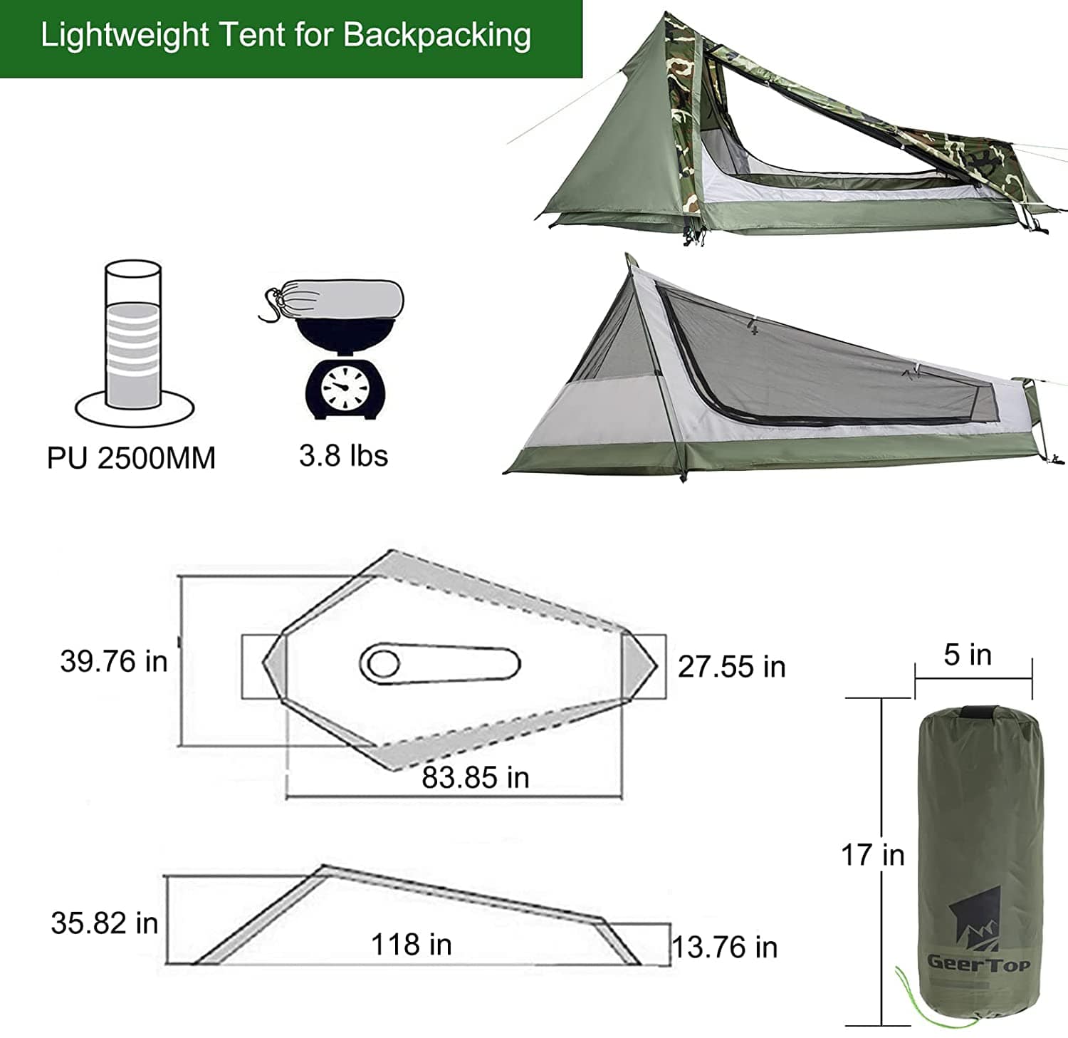 GeerTop Tent Blazer | 1 Person 3 Season Lightweight Backpacking Stealth Camping Tent