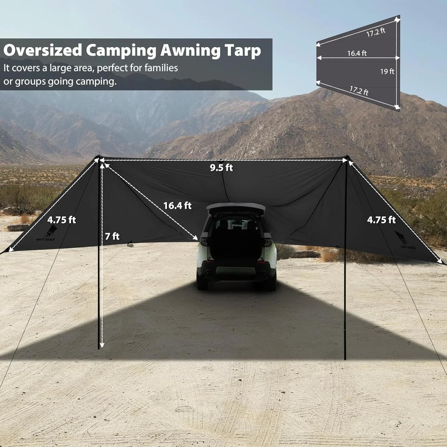 GEERTOP Gray SUV Awning - 20m² Shade, Adjustable Poles, Quick Setup