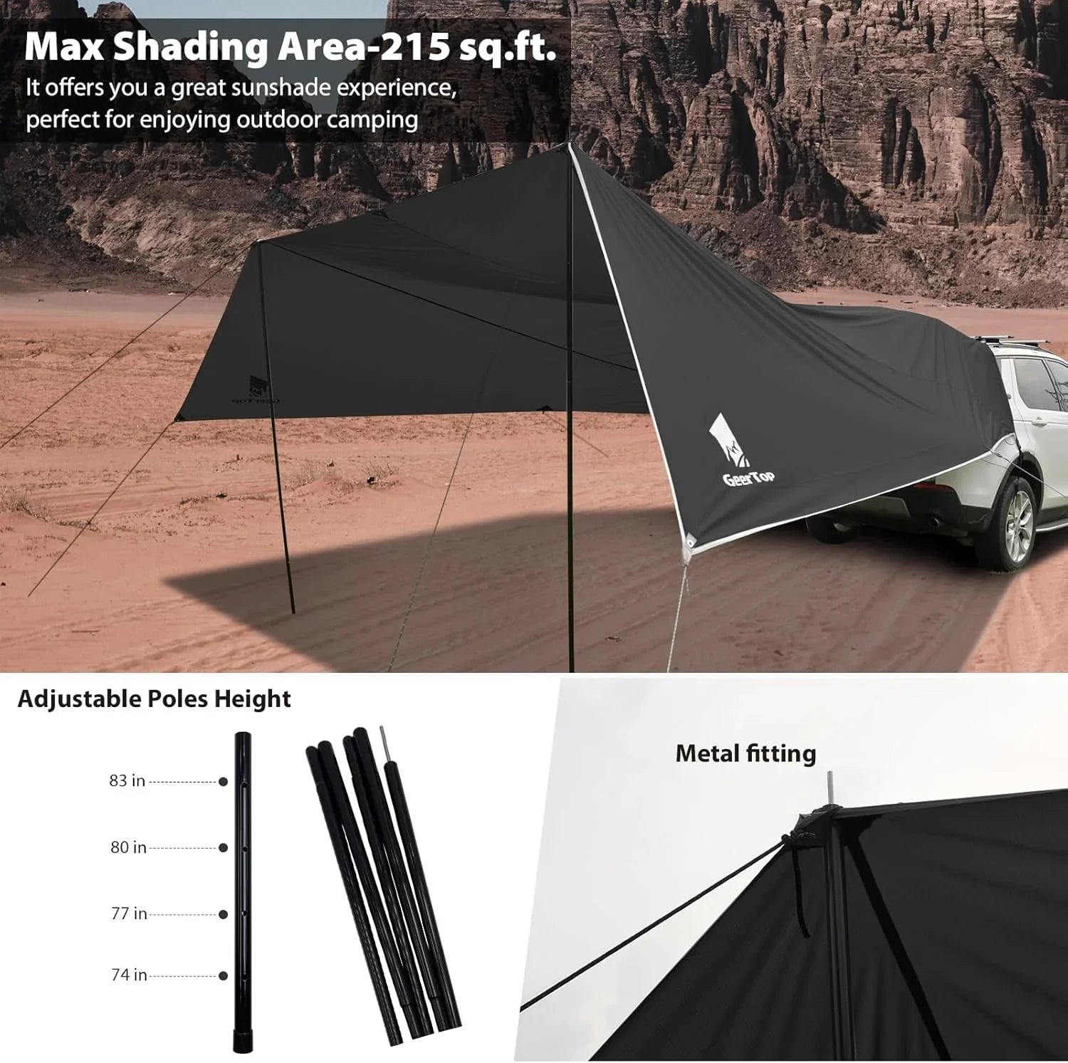 GEERTOP Gray SUV Awning - 20m² Shade, Adjustable Poles, Quick Setup