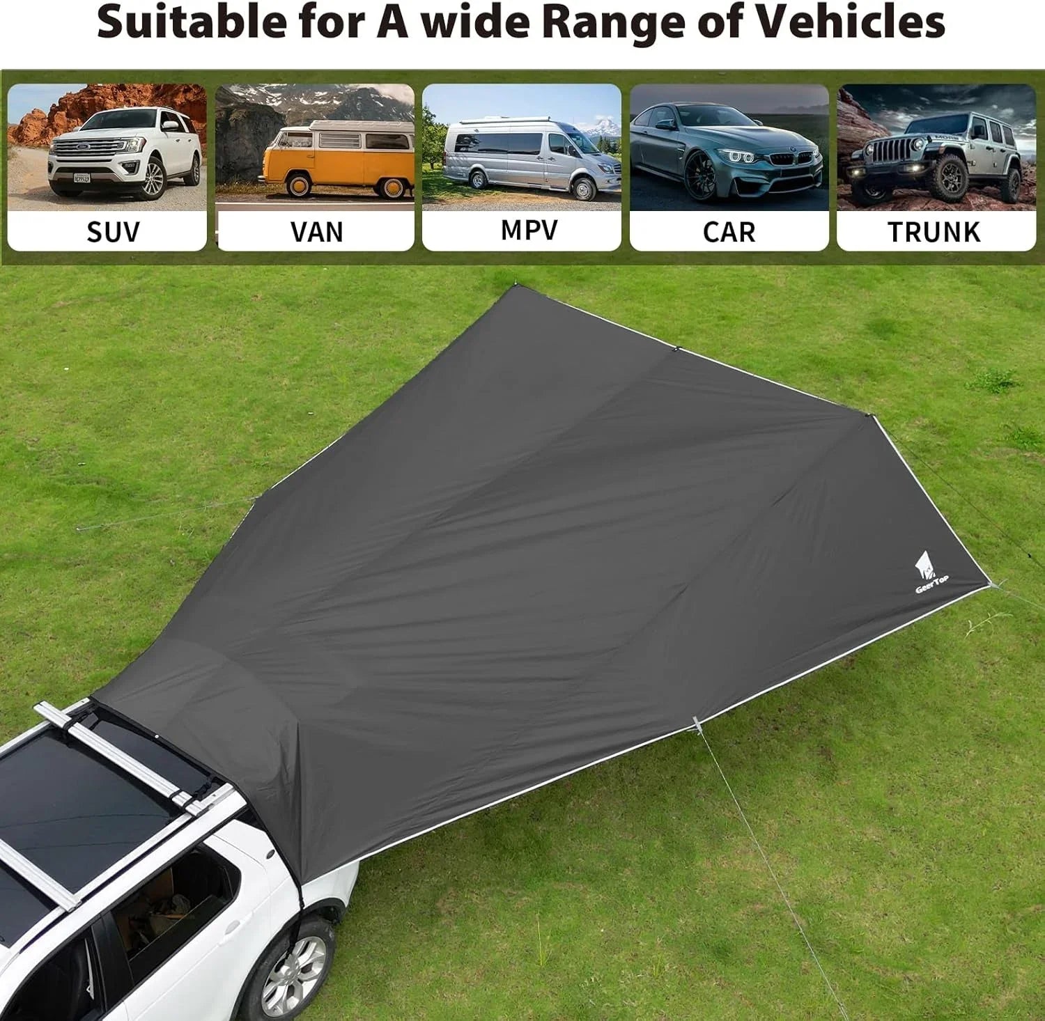 GEERTOP Gray SUV Awning - 20m² Shade, Adjustable Poles, Quick Setup