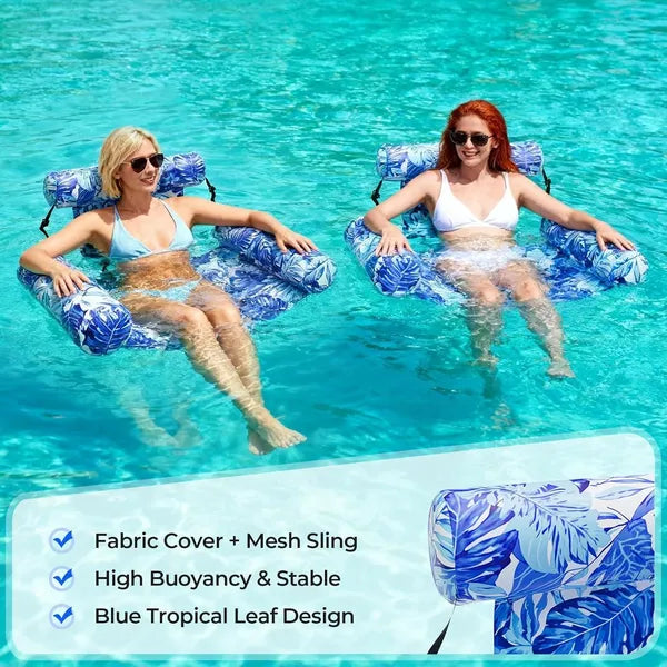 Inflatable Floating Lounge Chair Heavy Duty Pool Float for Adults Blue Tropical Leaf