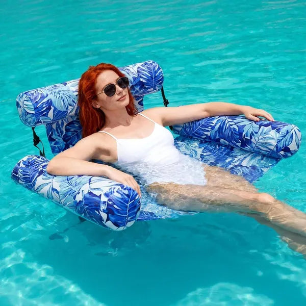 Inflatable Floating Lounge Chair Heavy Duty Pool Float for Adults Blue Tropical Leaf