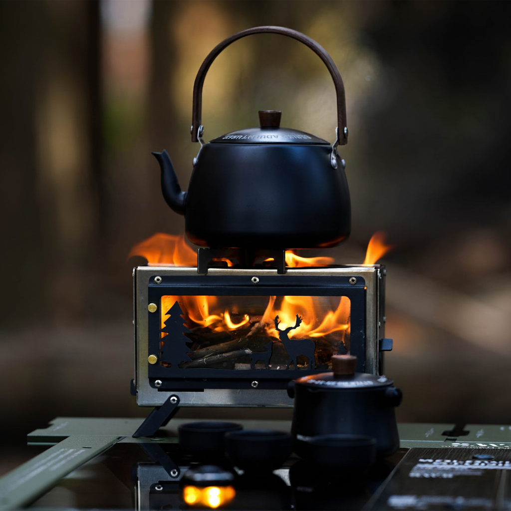 Kettle on stove with fire