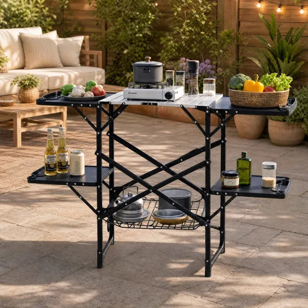 Portable Folding Camping Kitchen Table With Storage Rack Black