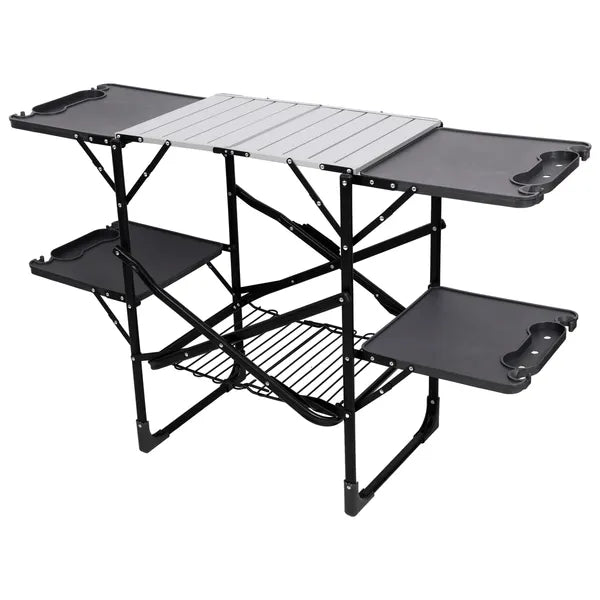 Portable Folding Camping Kitchen Table With Storage Rack Black