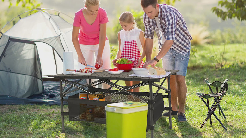 Portable Folding Aluminum Roll-Up Camping Table with Storage Basket Black